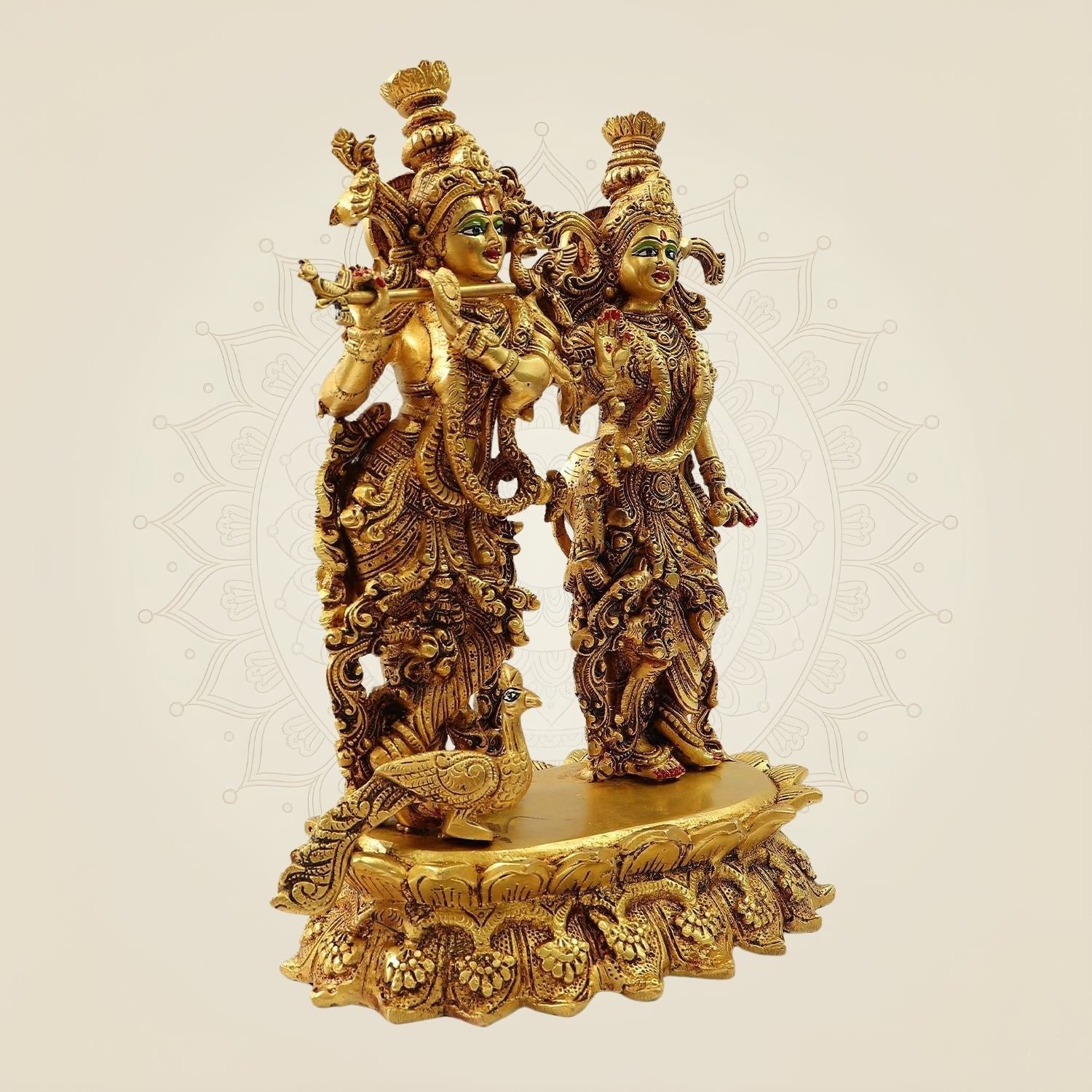 South Indian Style Radha Krishna Brass Idol with Peacock – Divine Décor Statue 13.5"
