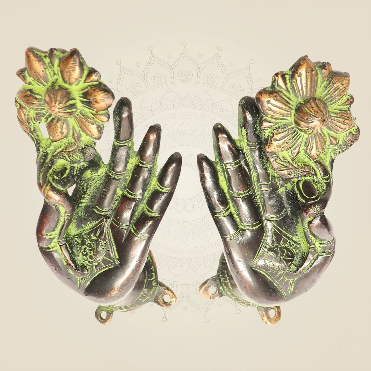 Vintage Brass Buddha Door Handle 7" • Floral Design • Antique Finish • Pair of 2