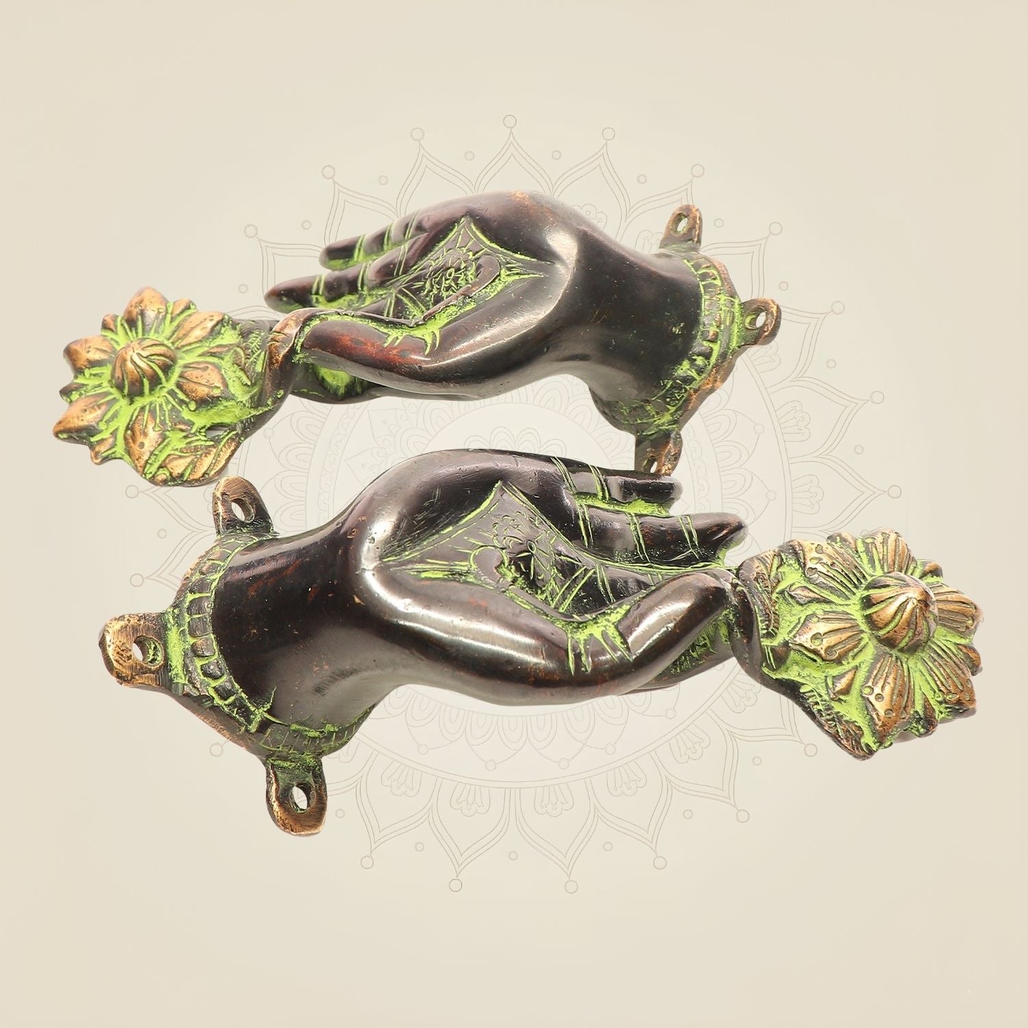 Vintage Brass Buddha Door Handle 7" • Floral Design • Antique Finish • Pair of 2