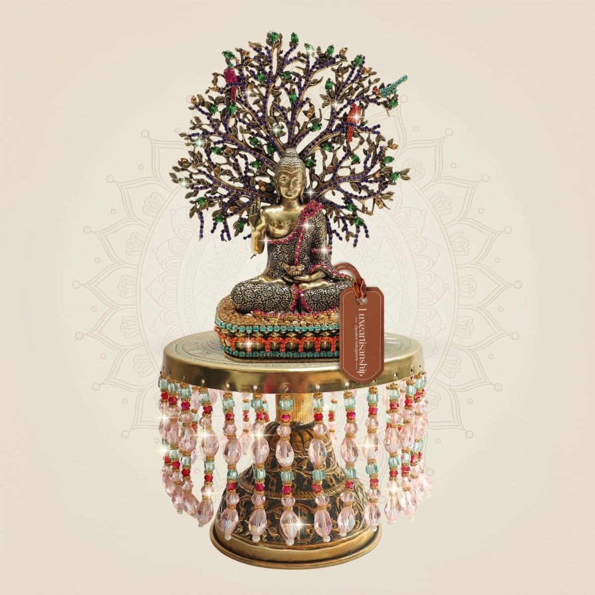 10.5" Brass Buddha Statue with Jewellery Stone Work on Chowki Decor - Luxeartisanship
