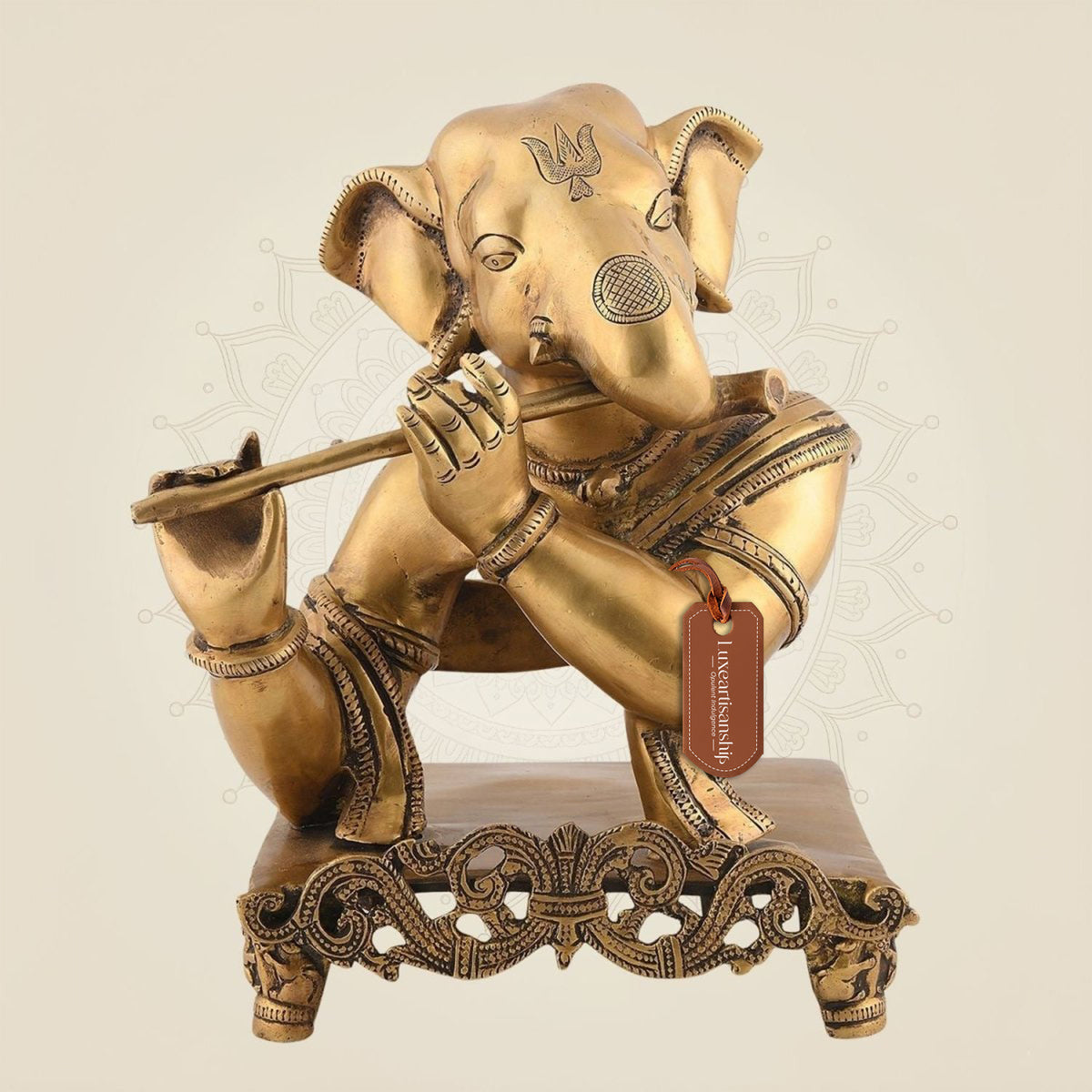11.75" Ganesha Playing Flute Brass Idol – Hindu Sculpture