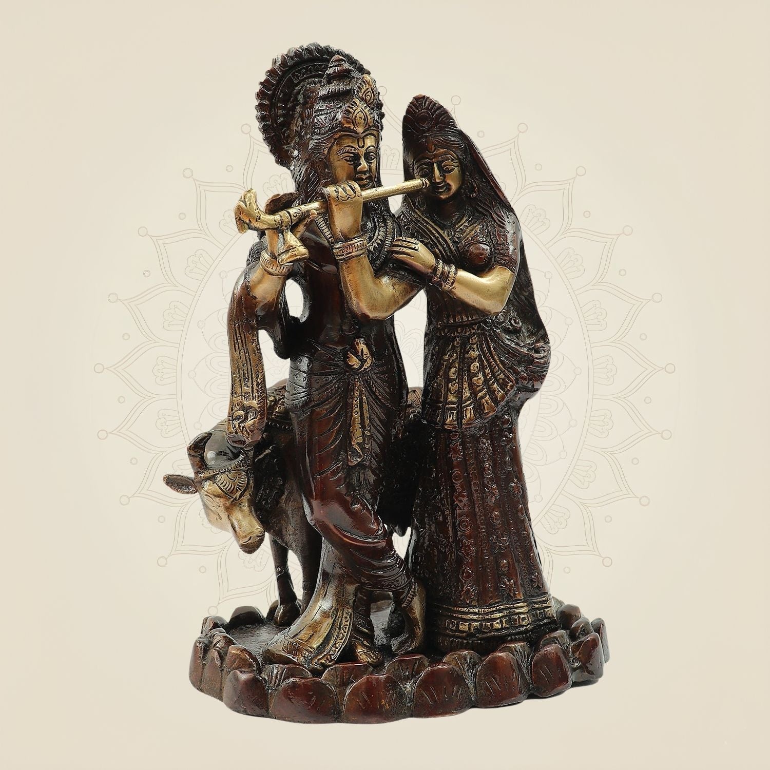 Hand Painted Brass Radha Krishna Idol | Flute Playing Murti 10.75" for Temple & Home Decor