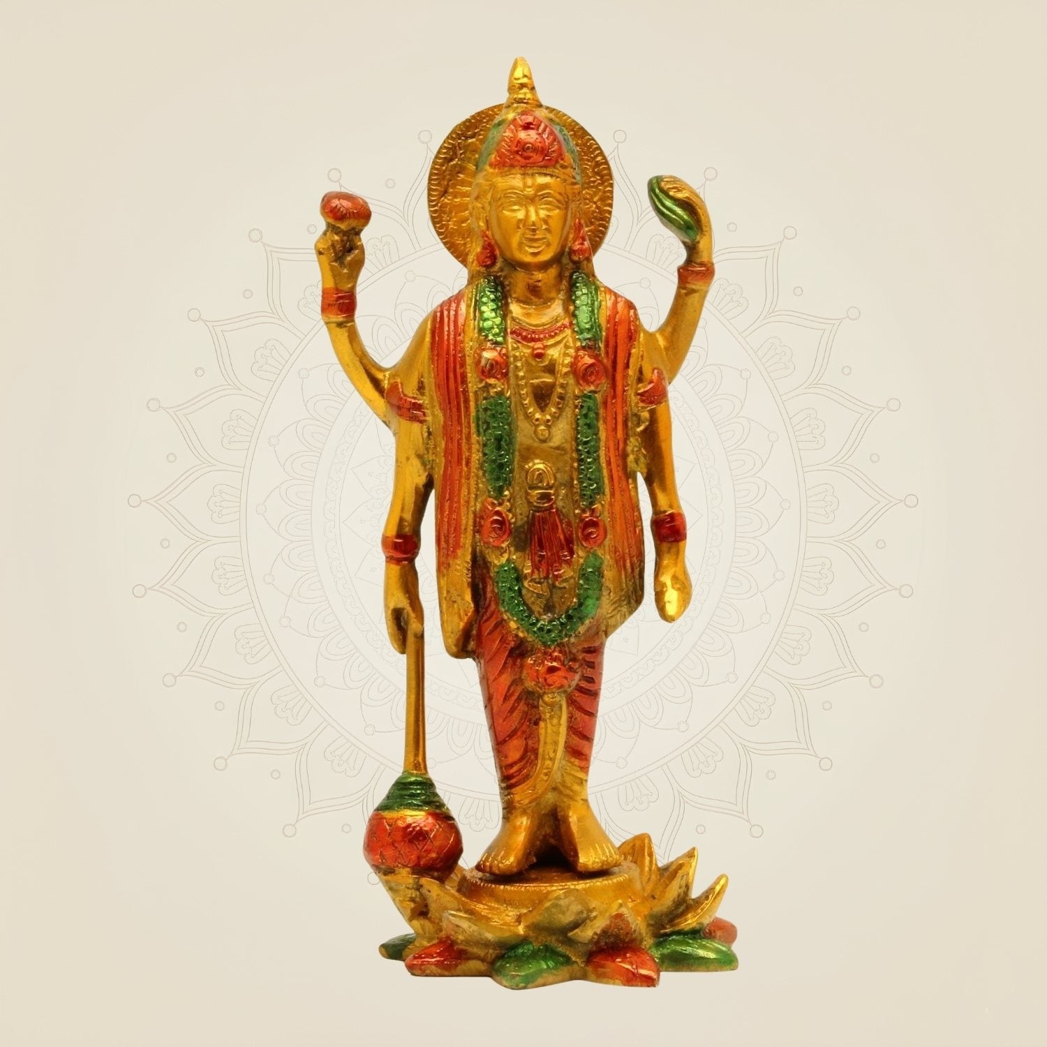 Hand-Painted Brass Vishnu Idol 8.25" – Standing Statue on Lotus Base