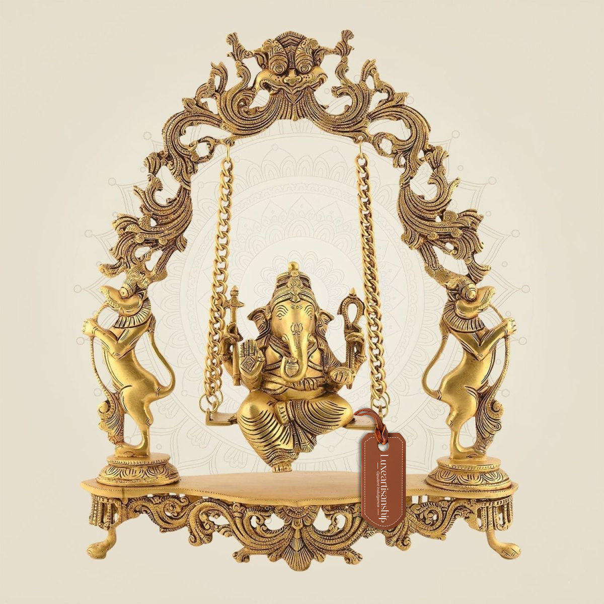 18" Ganesha on Jhula Brass Idol : Handcrafted Swing Statue