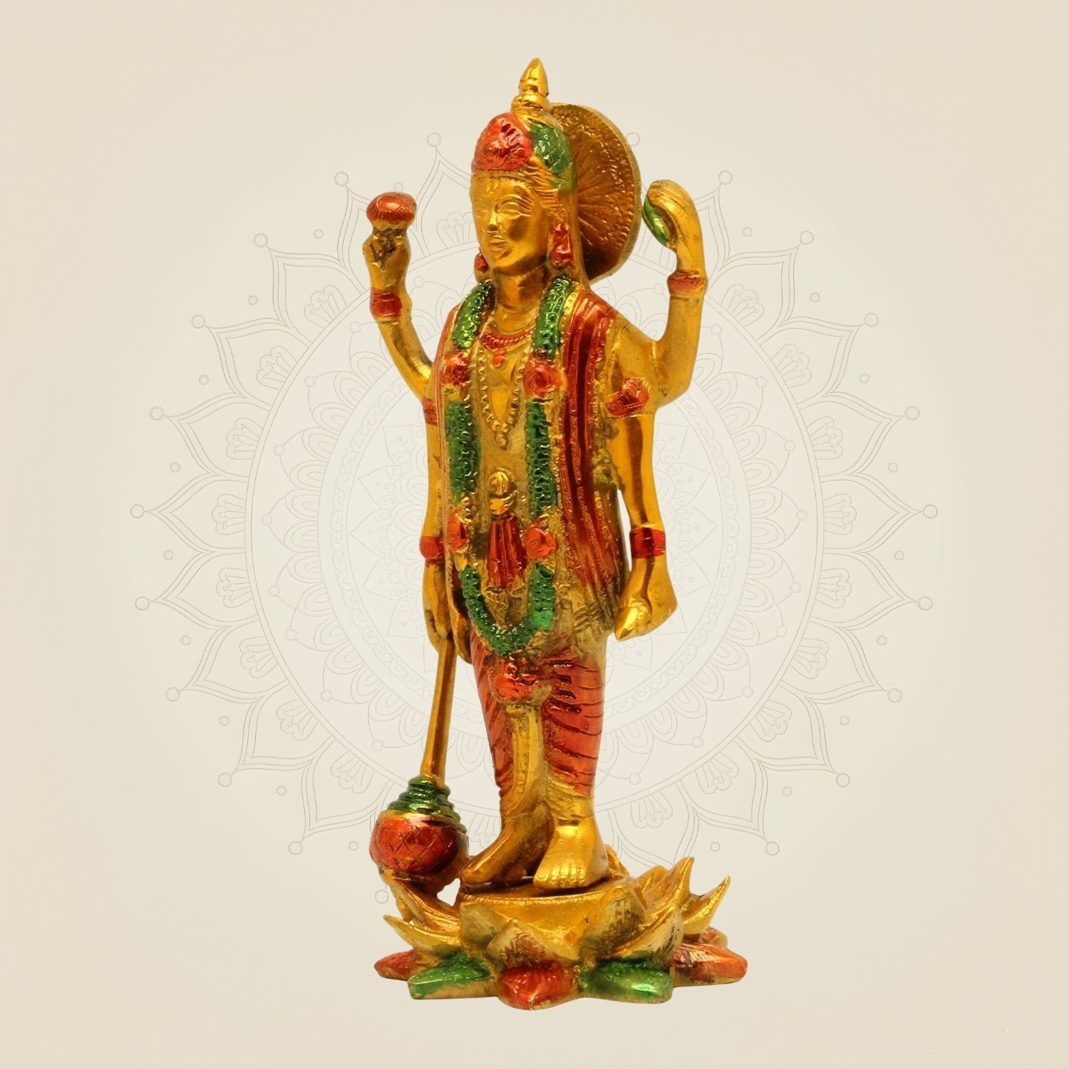Hand-Painted Brass Vishnu Idol 8.25" – Standing Statue on Lotus Base