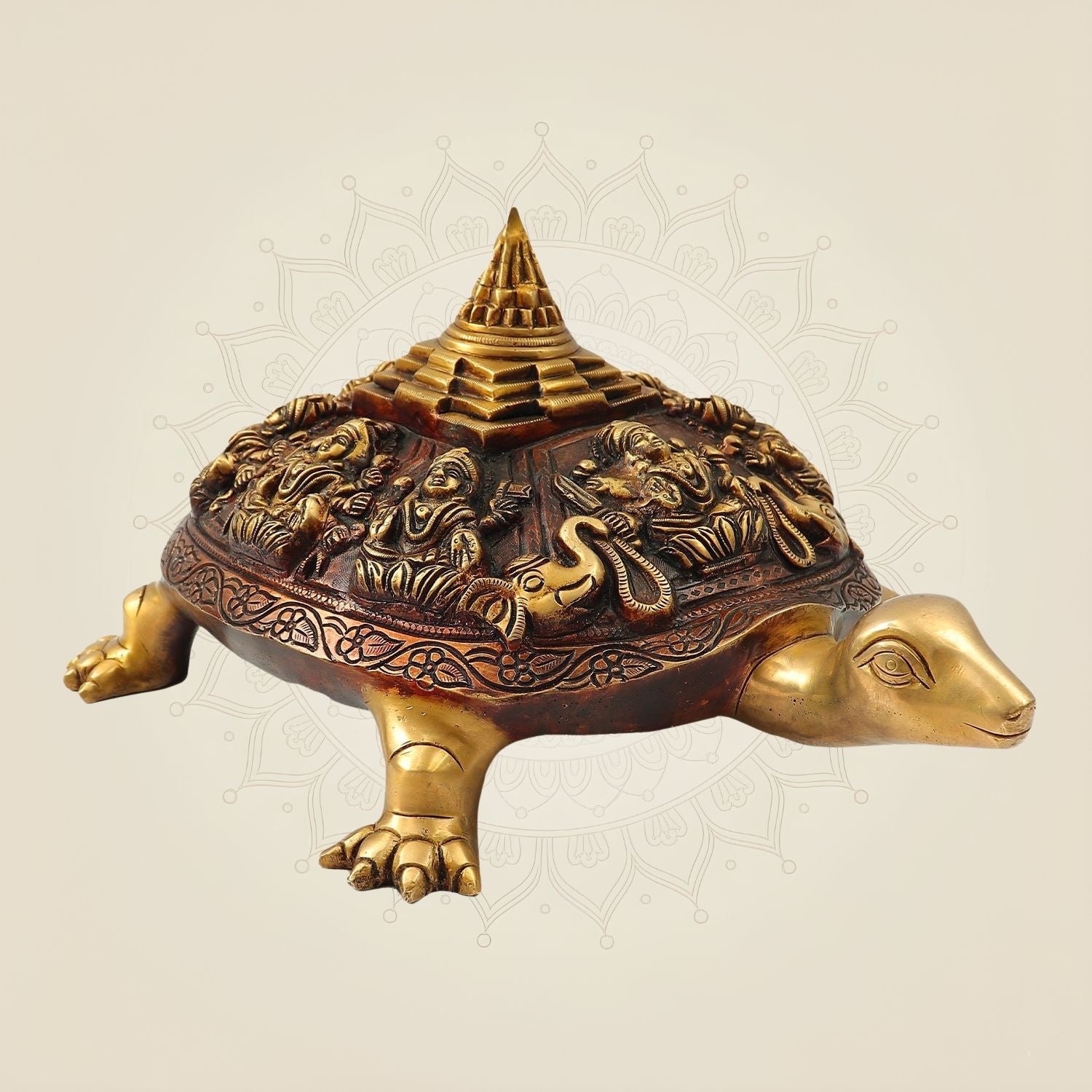 Brass Ashtalakshmi Shree Yantra on Tortoise Figurine 5.75" – Unique Vastu Home Décor