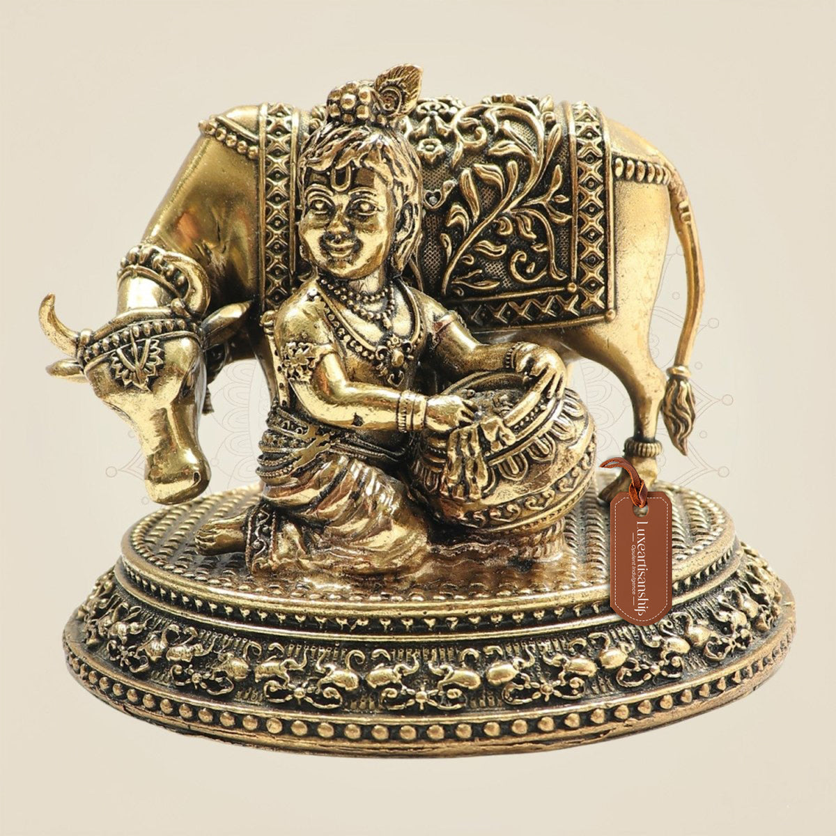 Brass Kanha Ji Idol with Cow Decorative Krishna Murti 3"
