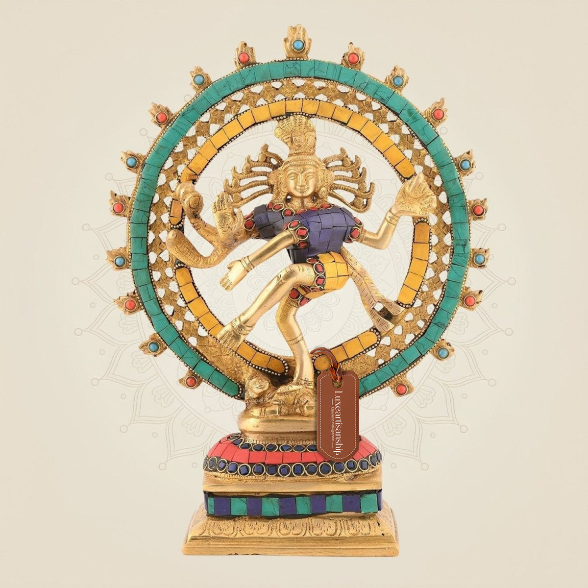 Brass Dancing Shiva Nataraja Idol 11.25" | Multicolor Gemstone Work | Hindu God for Home Decor
