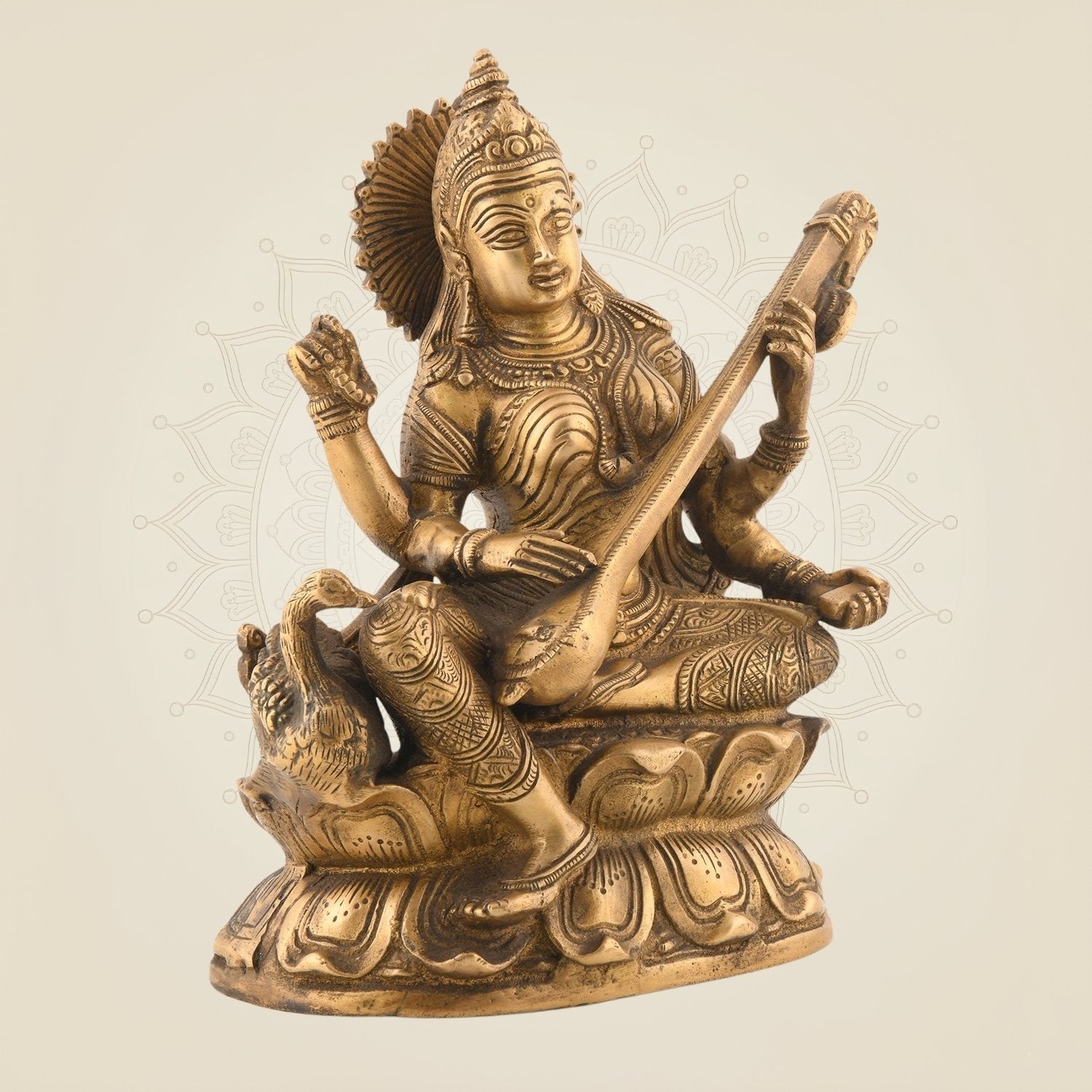 Brass Saraswati Idol with Veena 9″ – Superfine Handcrafted Goddess Statue