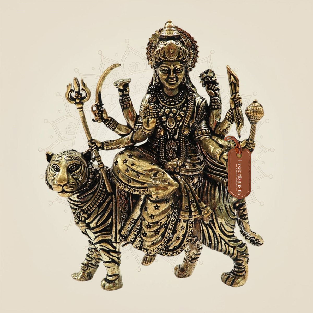 Brass Durga Maa Statue 4"- Seated on Tiger for Strength & Prosperity