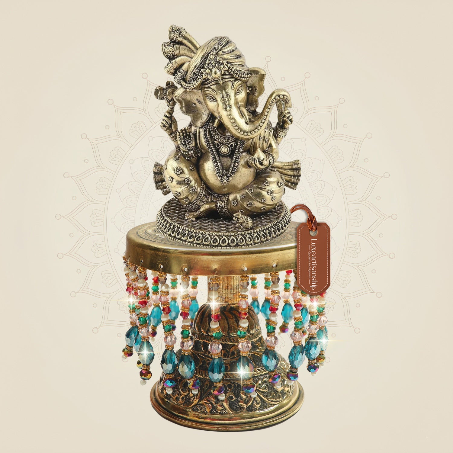 Brass Lord Ganesha Idol on Chowki 7.25"– Solid Metal Build with Detail
