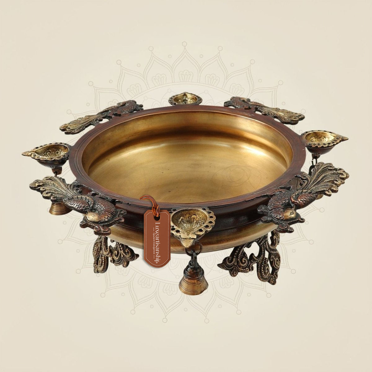 Pure Hand Painted Brass Urli with Peacock Motifs & Hanging Bells 6" | Traditional Decor