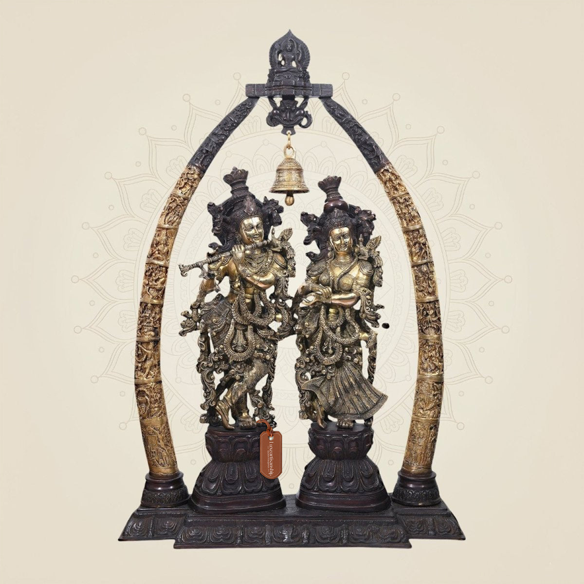 Grand Brass Radha Krishna Idol with Pillars & Bell 44.5" – Golden Brown Finish