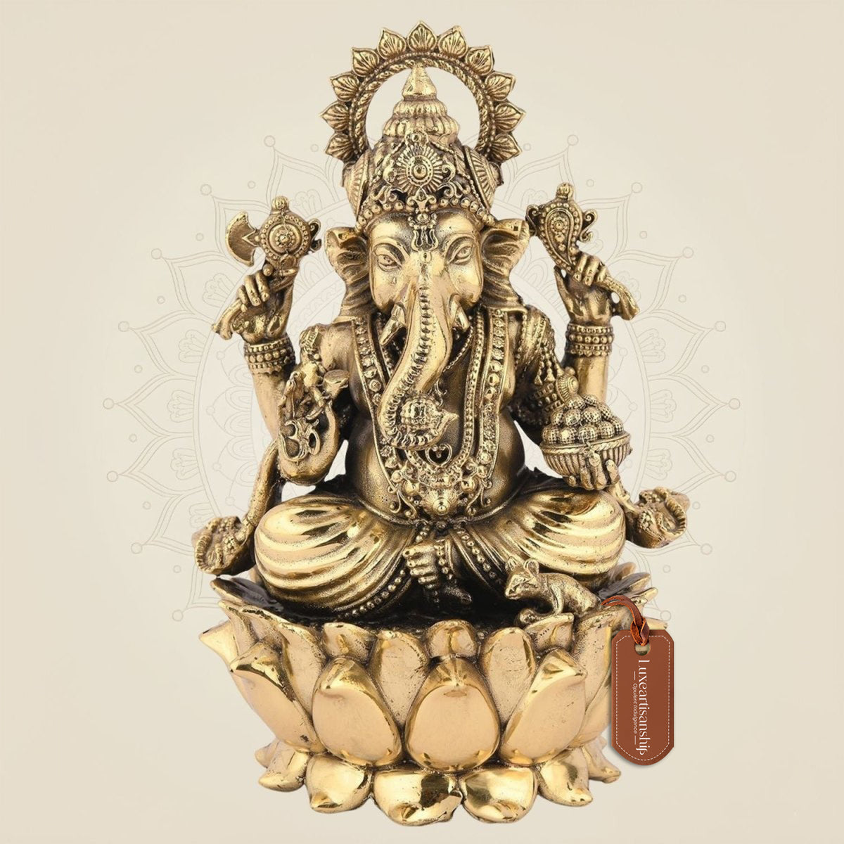 Chaturbhuj Ganesha Brass Idol– 9.25" Handcrafted Murti For Pooja & Decor