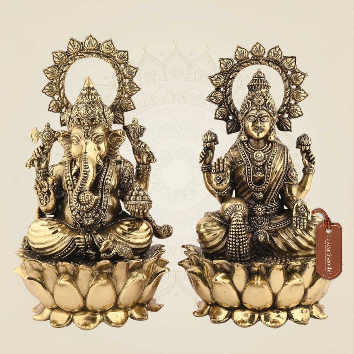 Ganesh Laxmi Brass Idol on Lotus – 5" Handcrafted Superfine Murti