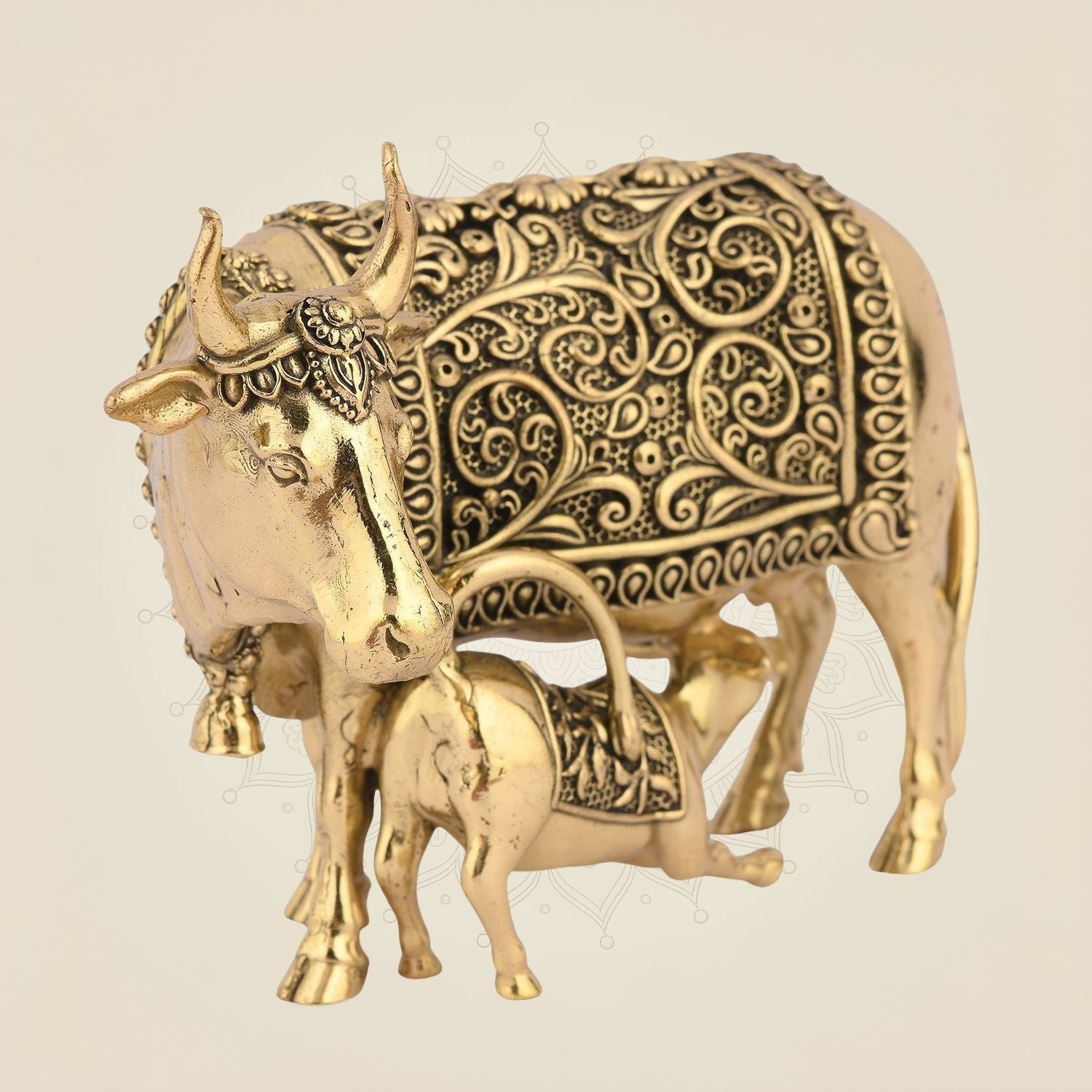 Handcrafted Brass Kamdhenu Cow with Calf Idol 2.5" - Auspicious Statue for Wealth, Peace & Home Temple Décor