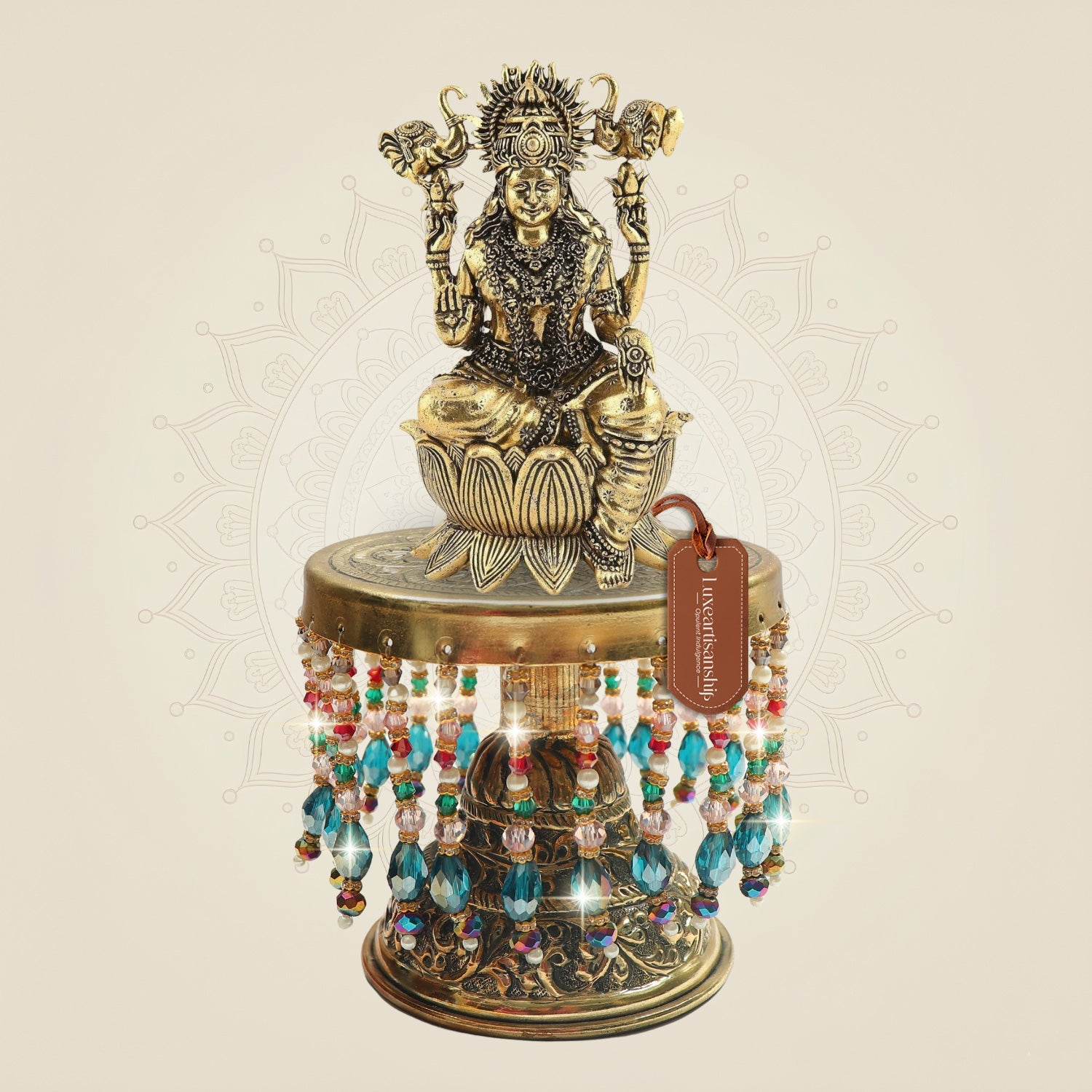 Brass Gajalakshmi on Lotus on Chowki 8.5"– Elephant Flank Composition