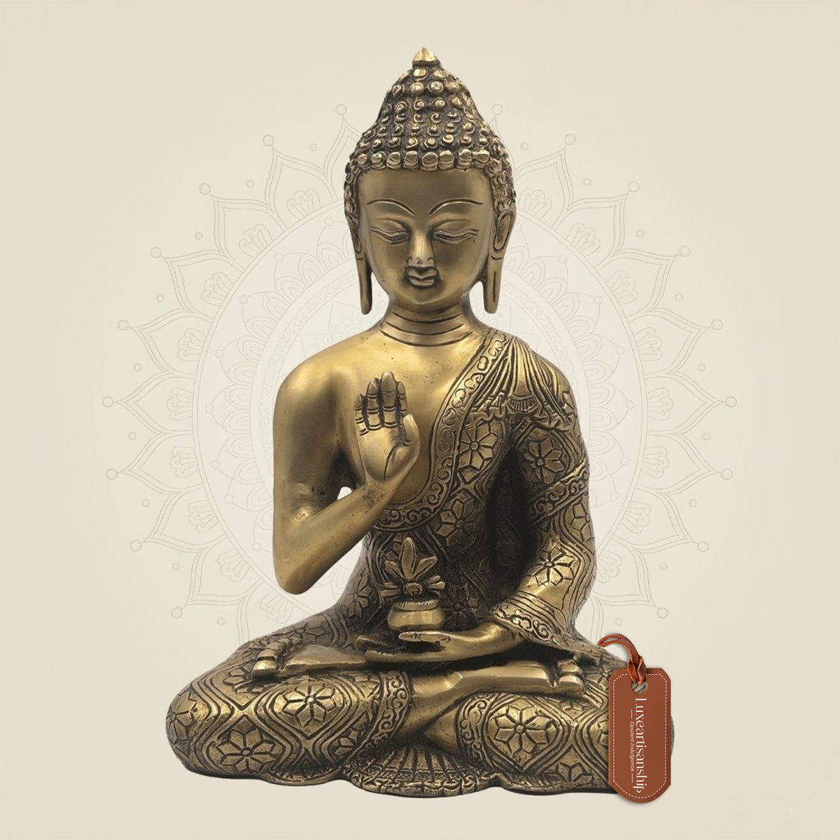 Pure Brass Buddha in Meditation Pose Sculpture - 10.5" Handcrafted Idol
