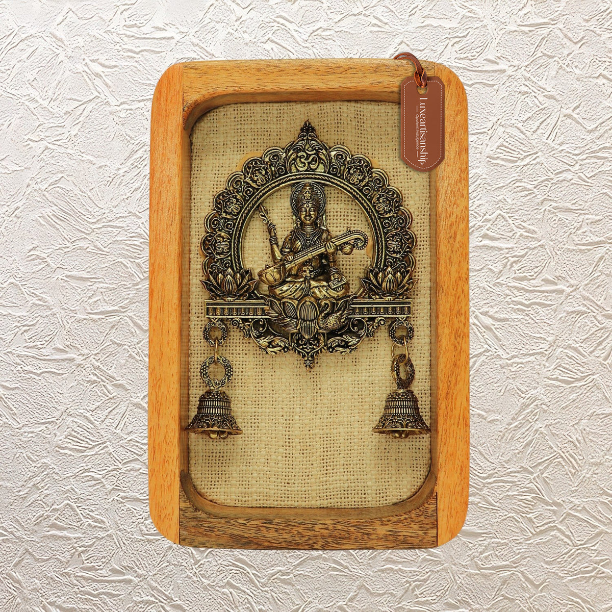 Saraswati Maa Brass Wall Hanging in Wooden Frame with Bells Décor - 9"