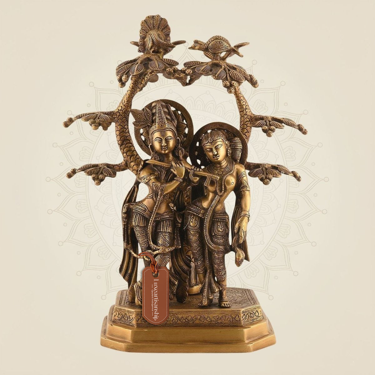 Brass Divine Radha Krishna Under Tree Idol – 16" Handcrafted Murti for Temple & Decor