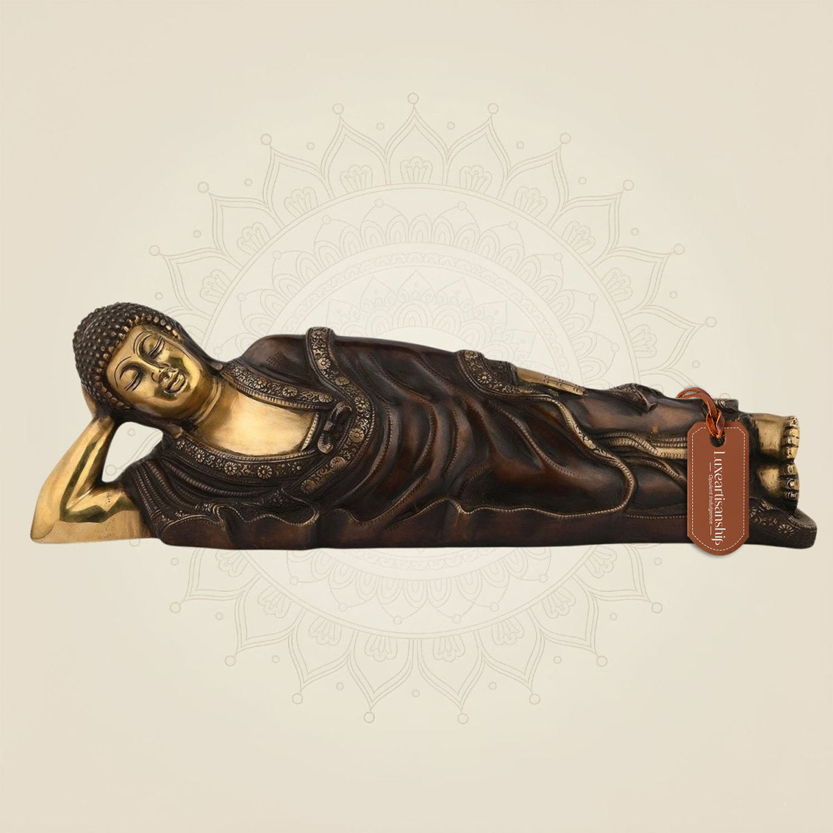 Pure Brass Sleeping Buddha Sculpture – 6" Handcrafted Decorative Idol