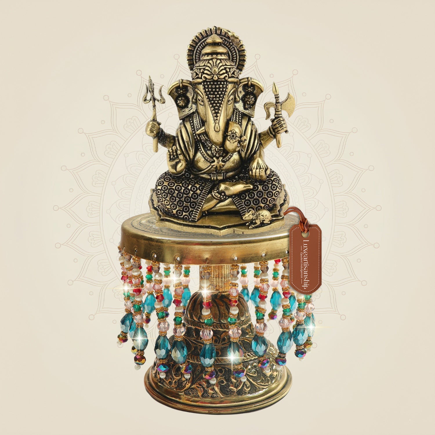 Brass Ganesha Idol on Chowki 7.5"– Ganpati Murti for Decor & Gift