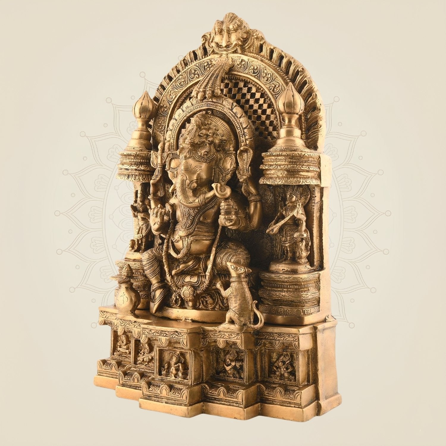 Brass Ganesha as Musician with Lakshmi & Saraswati – Royal Seated Idol 17.5″