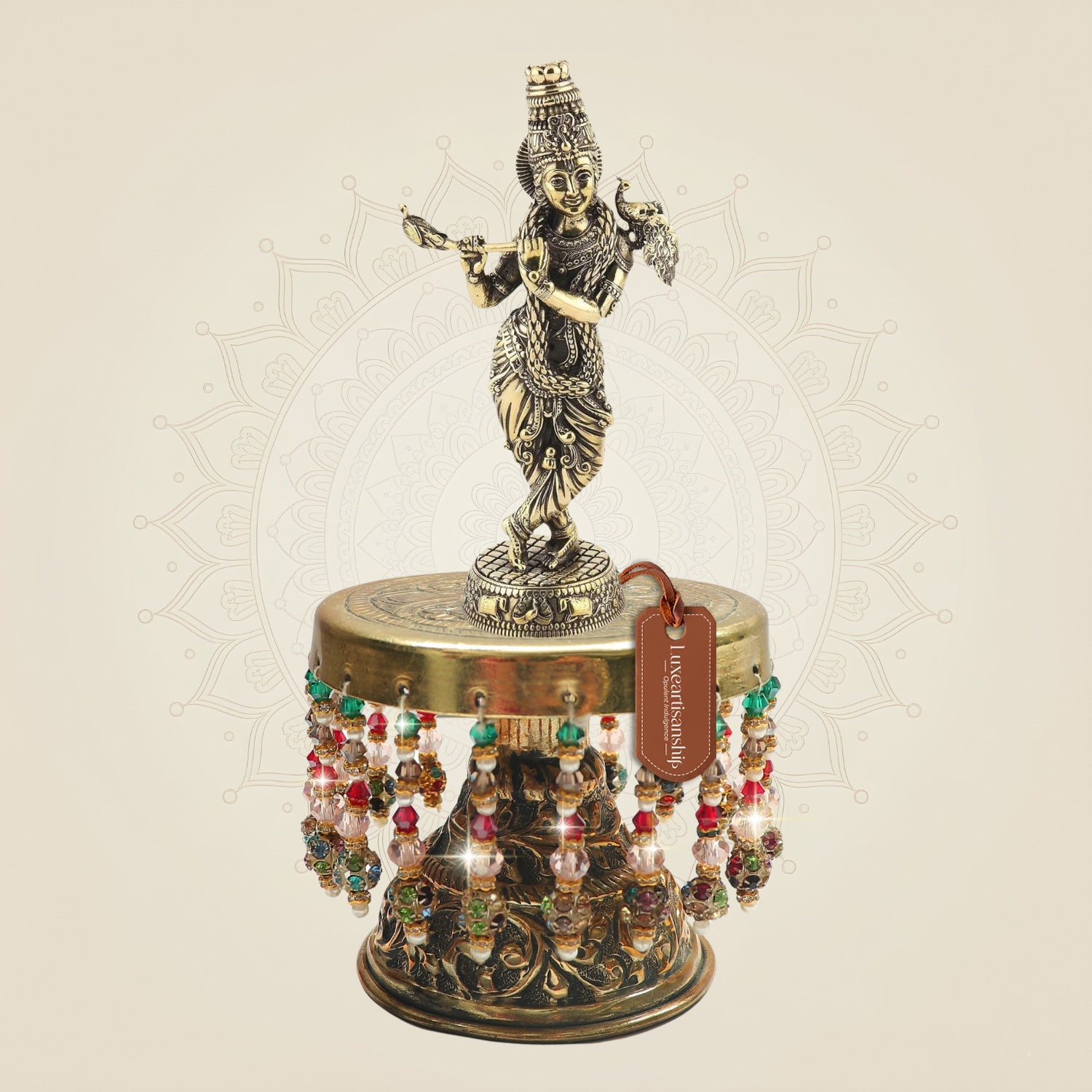 Brass Krishna Murti with Peacock on Chowki 7.5"– Graceful Murti of Beauty