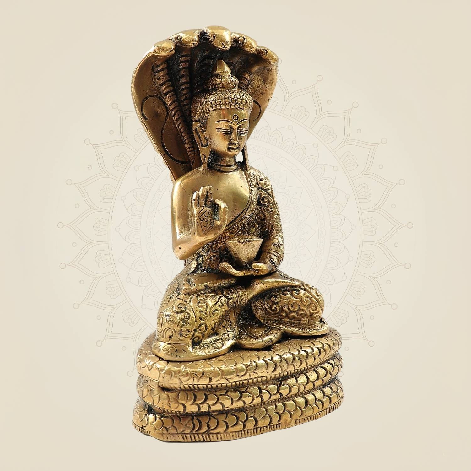 Serene Brass Buddha under Naga Hood – Spiritual Idol for Home & Temple 7.75"
