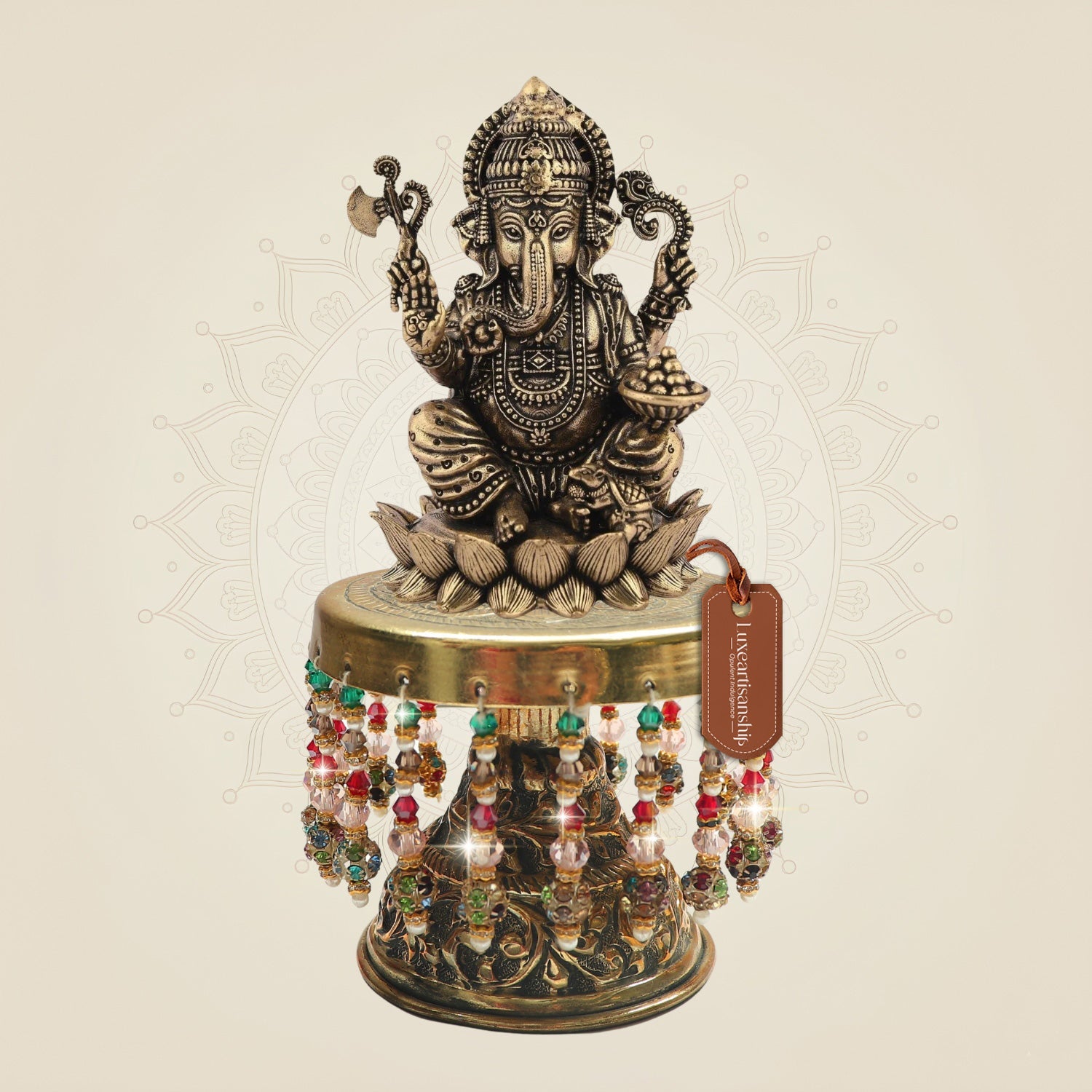 Brass Chaturbhuj Ganesha with Decorative Chowki 5.5"– Balanced Arm Structure