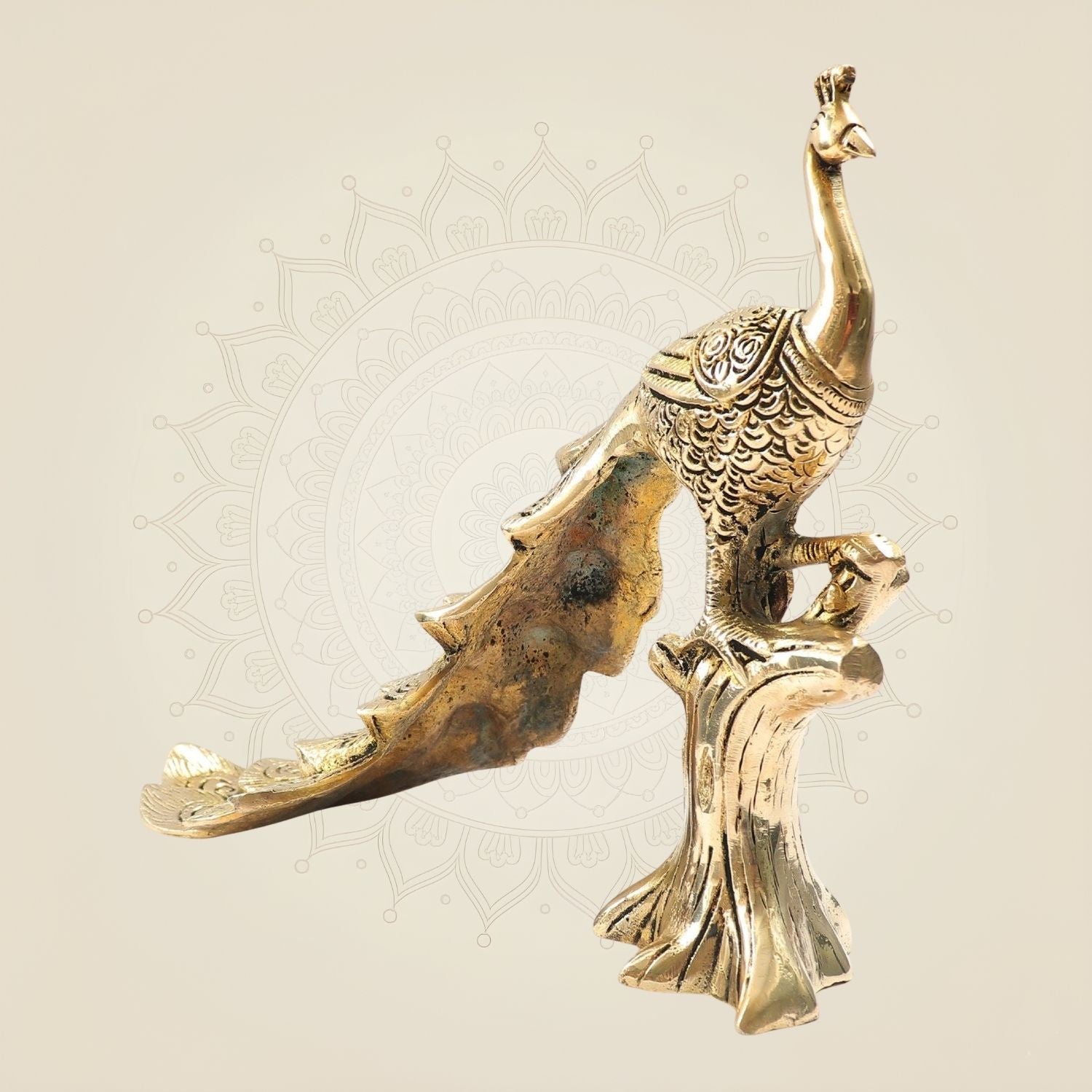 Decorative Brass Peacock - Elegant Statue Sitting on Tree Trunk for Home Décor