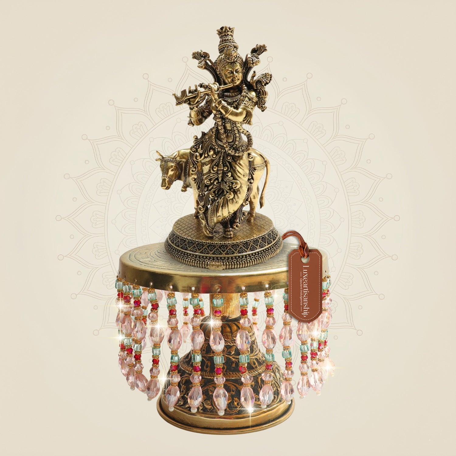 Brass Krishna with Cow on Chowki Showing Divine Cow Connection 12"