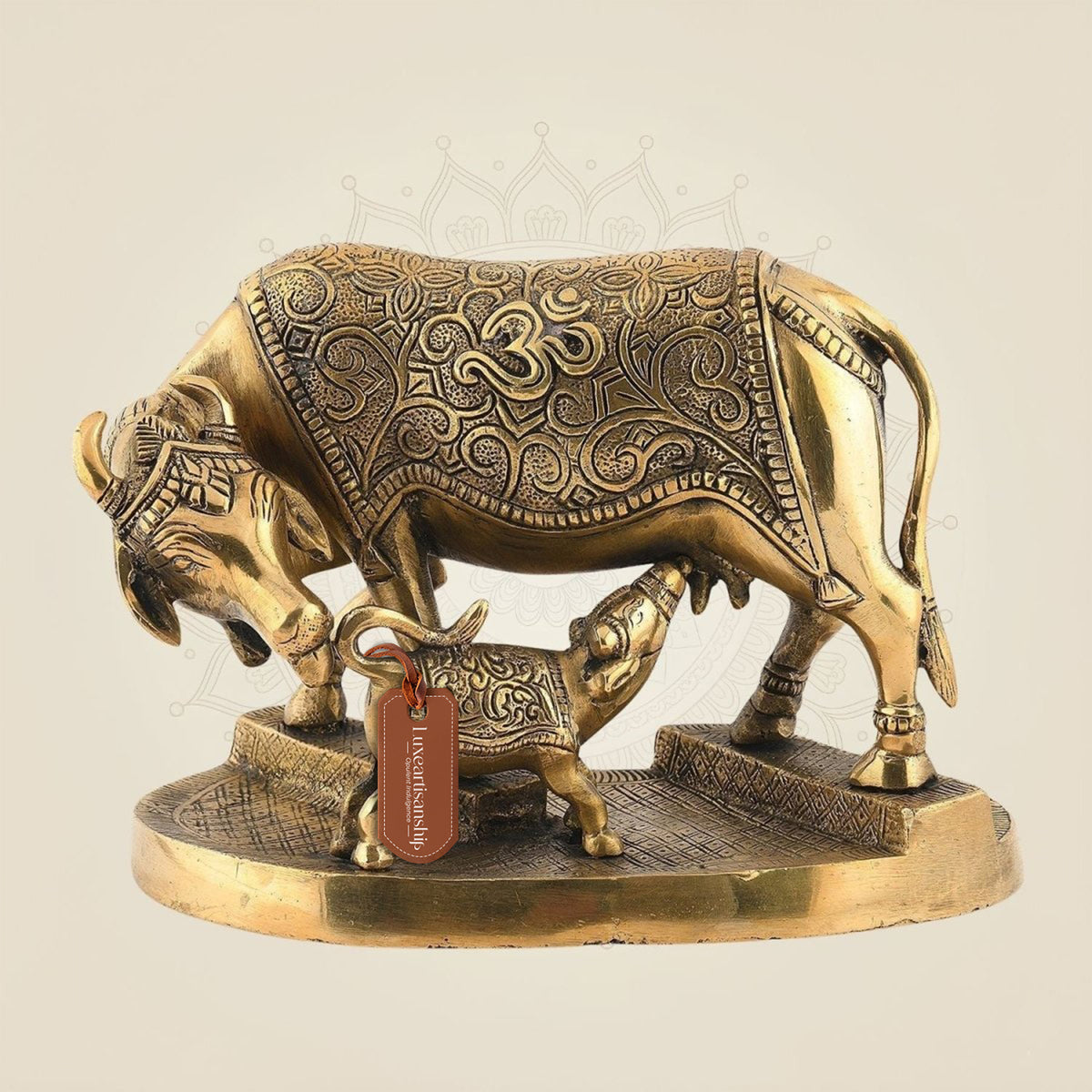 Kamdhenu Cow with Calf on Base – 6" Pure Brass Handcrafted Artisan Idol