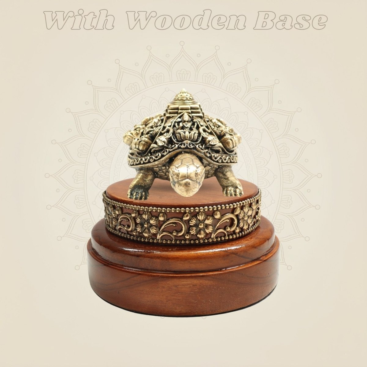 2" Brass Ashtalakshmi Shree Yantra with Tortoise Idol on Round Wooden Base - Luxeartisanship