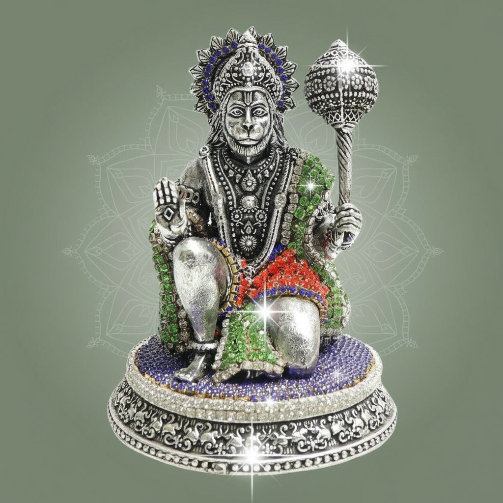 Silver Plated Kneeling Brass Hanuman Idol 3.75" with Refined Stone Detailing