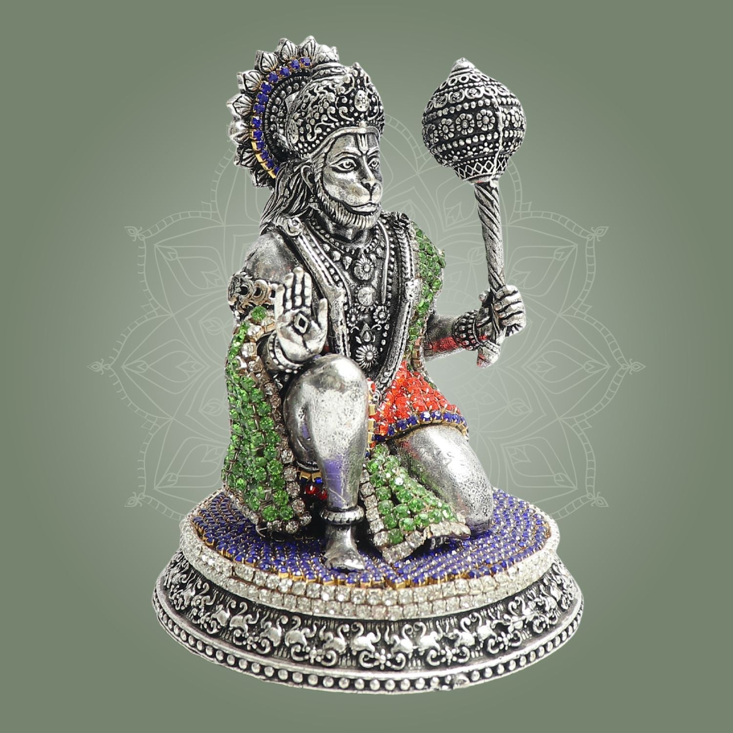 Silver Plated Kneeling Brass Hanuman Idol 3.75" with Refined Stone Detailing