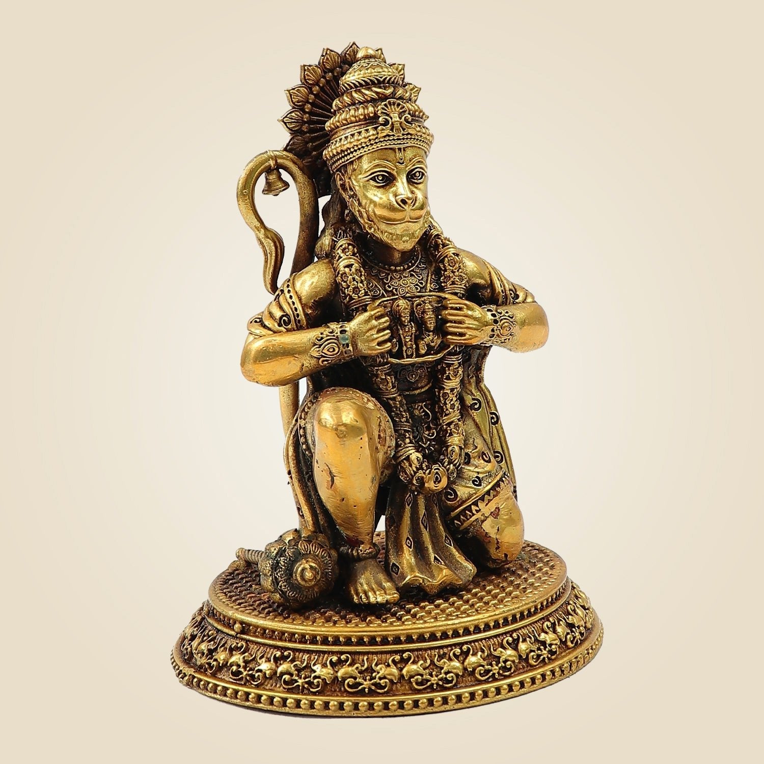 Brass Hanuman Idol – Heart Opening Pose with Ram & Sita - Handcrafted Spiritual Statue 5"