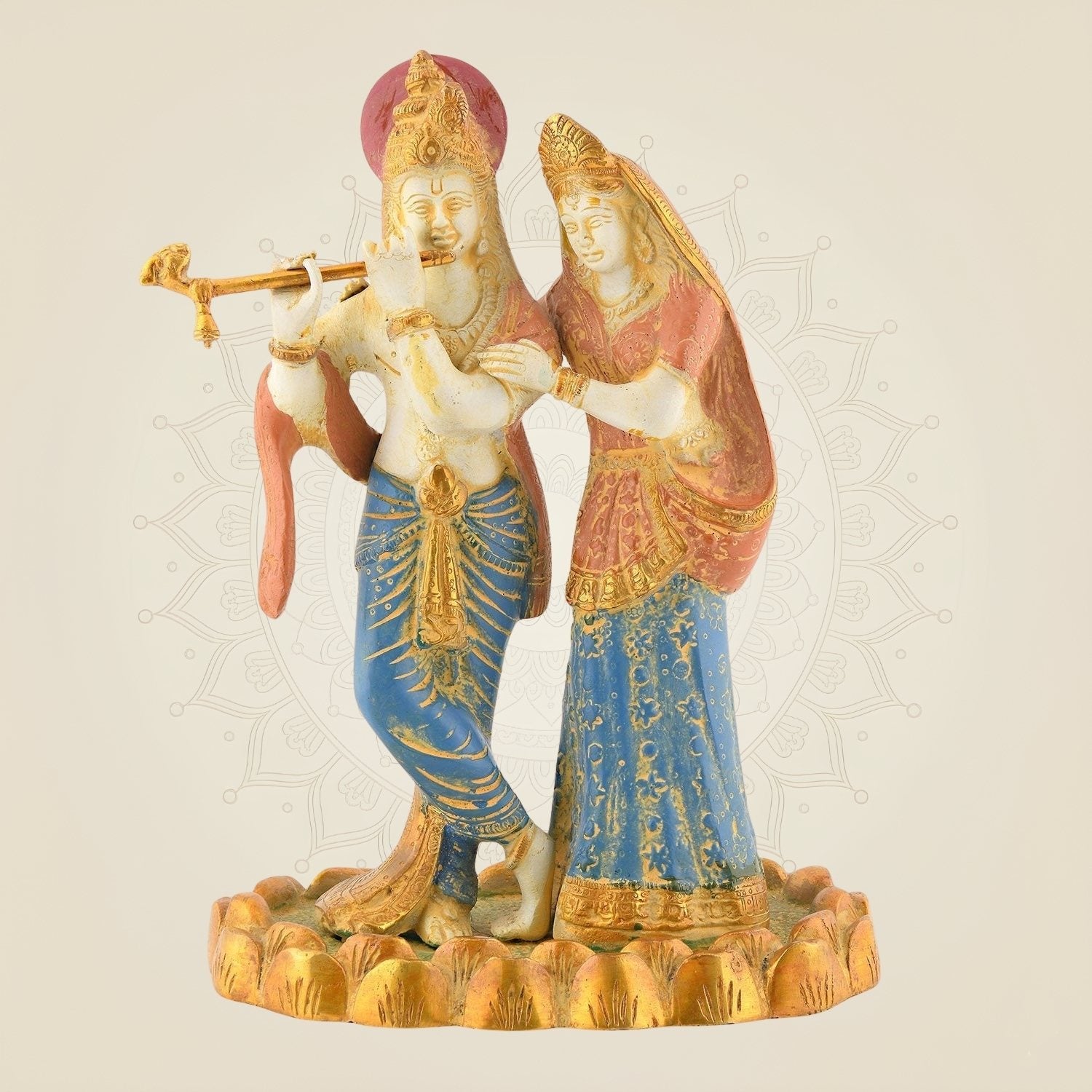 Radha Krishna with Flute – 10.25" Standing Mud Finish Multicolor Brass Idol