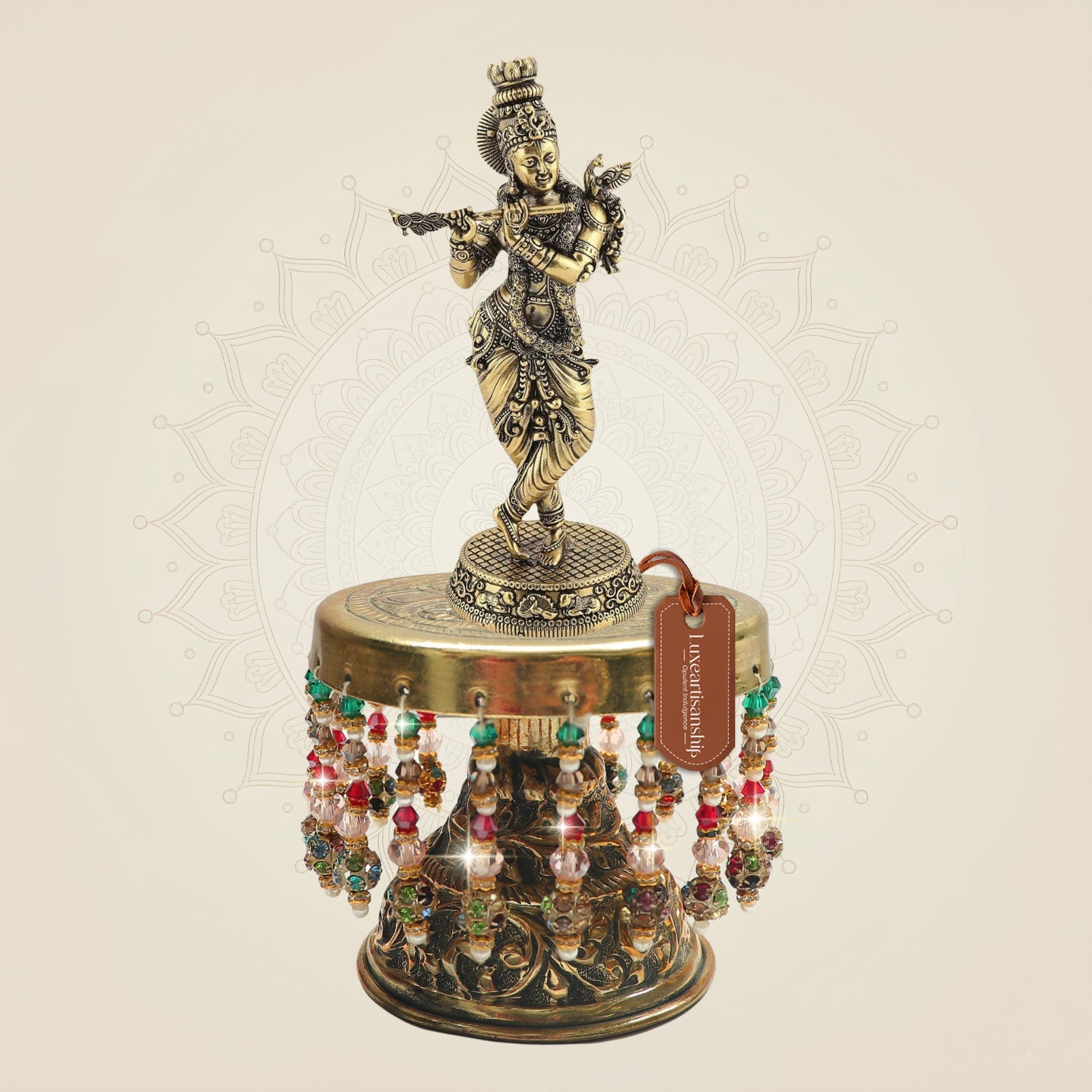 Brass Krishna with Flute on Chowki 8.5"– Graceful Symbol