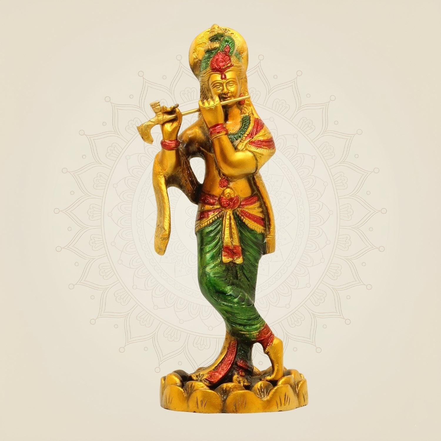 Hand-Painted Brass Krishna Idol 10.25"– Flute Playing Murti for Mandir or Gift