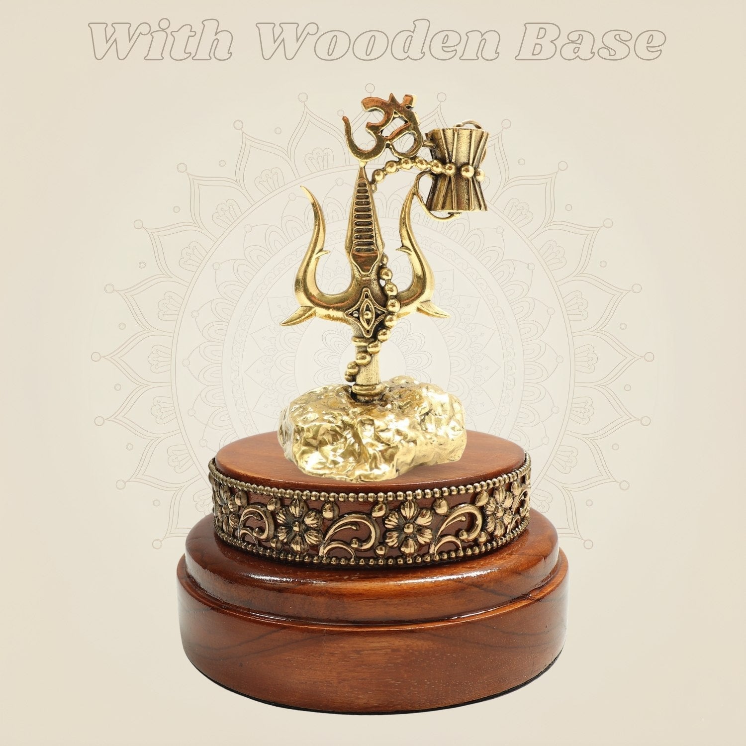 Brass Shiva Trishul 5" Featuring Damru and Om with Round Wooden Base