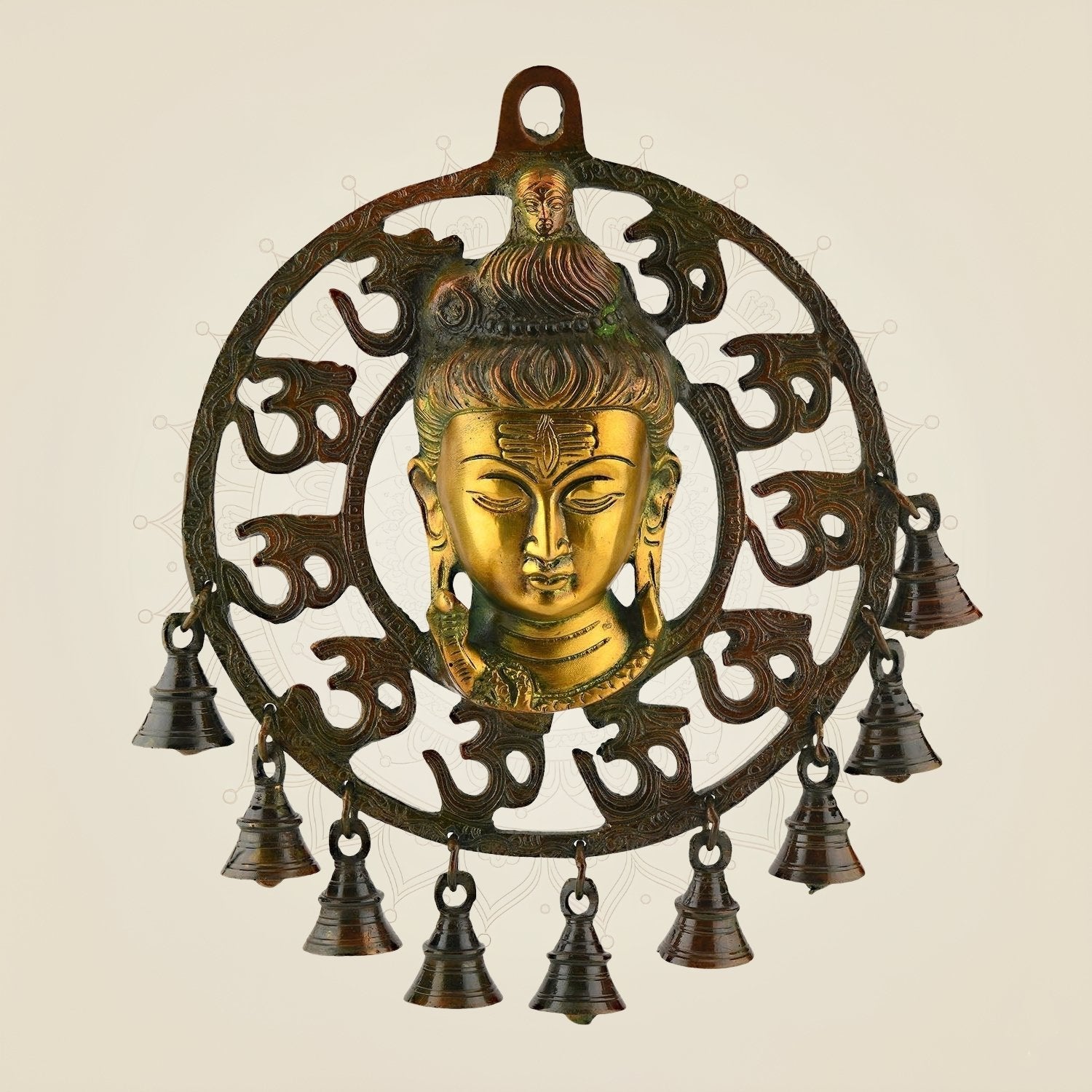 Brass Om Shiva Wall Hanging 10.75″ – With Naag, Ganga & Hanging Bells