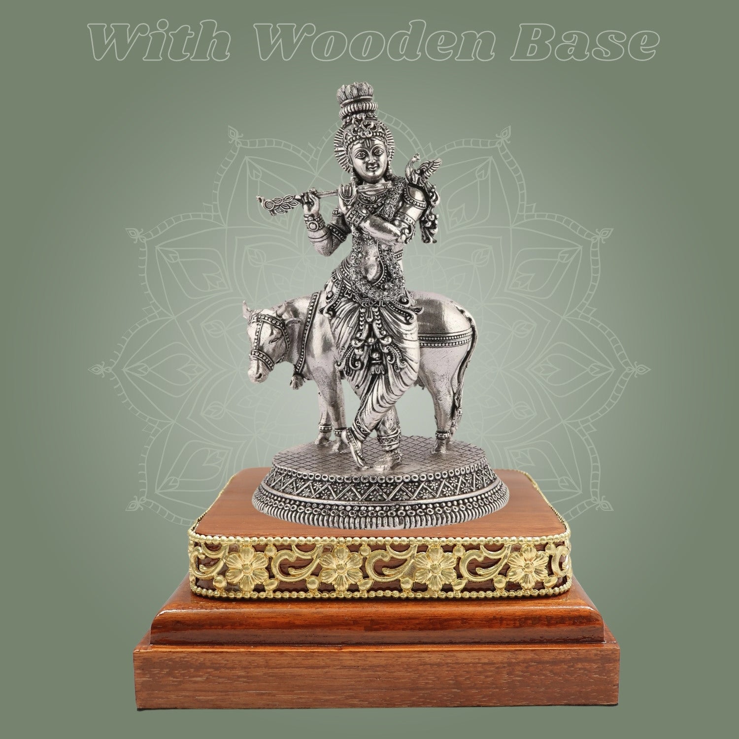 Krishna with Cow Idol 6.75" on Wooden Base Silver Finish Handcrafted