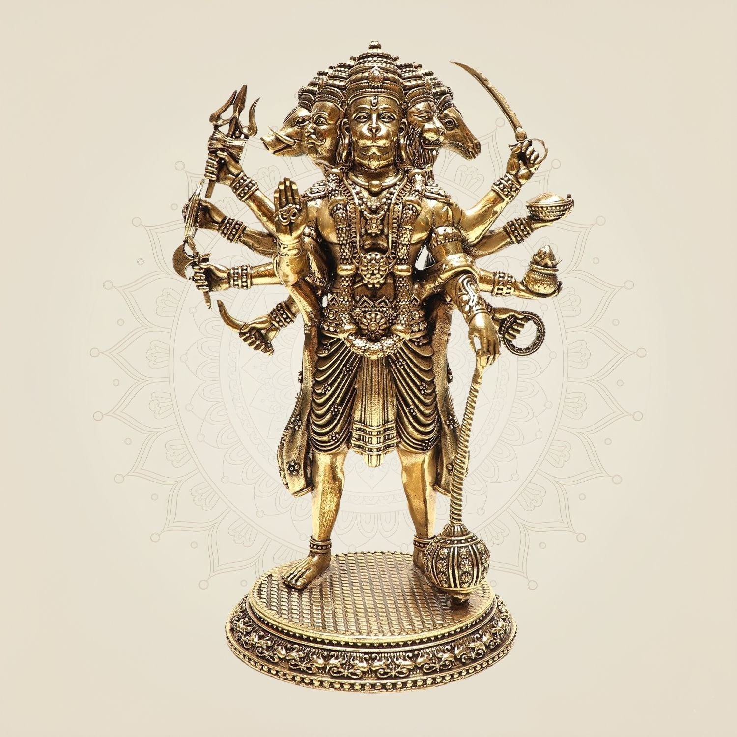 Standing Brass Panchmukhi Hanuman Idol – 8 Face Arms Powerful Protective Murti - 8"