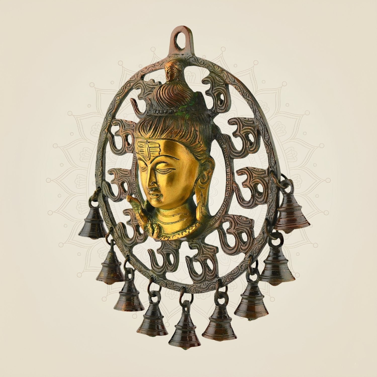 Brass Om Shiva Wall Hanging 10.75″ – With Naag, Ganga & Hanging Bells