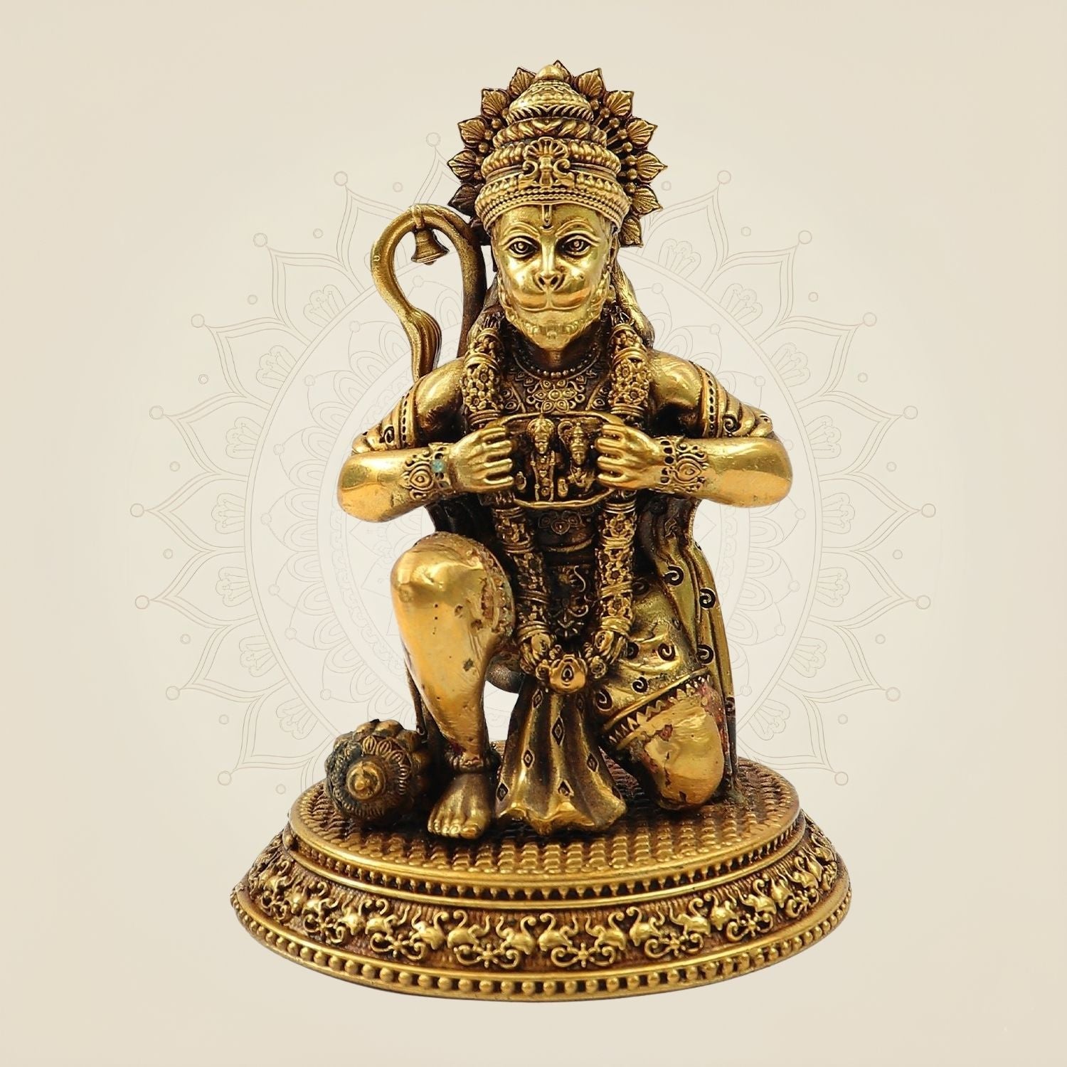 Brass Hanuman Idol – Heart Opening Pose with Ram & Sita - Handcrafted Spiritual Statue 5"