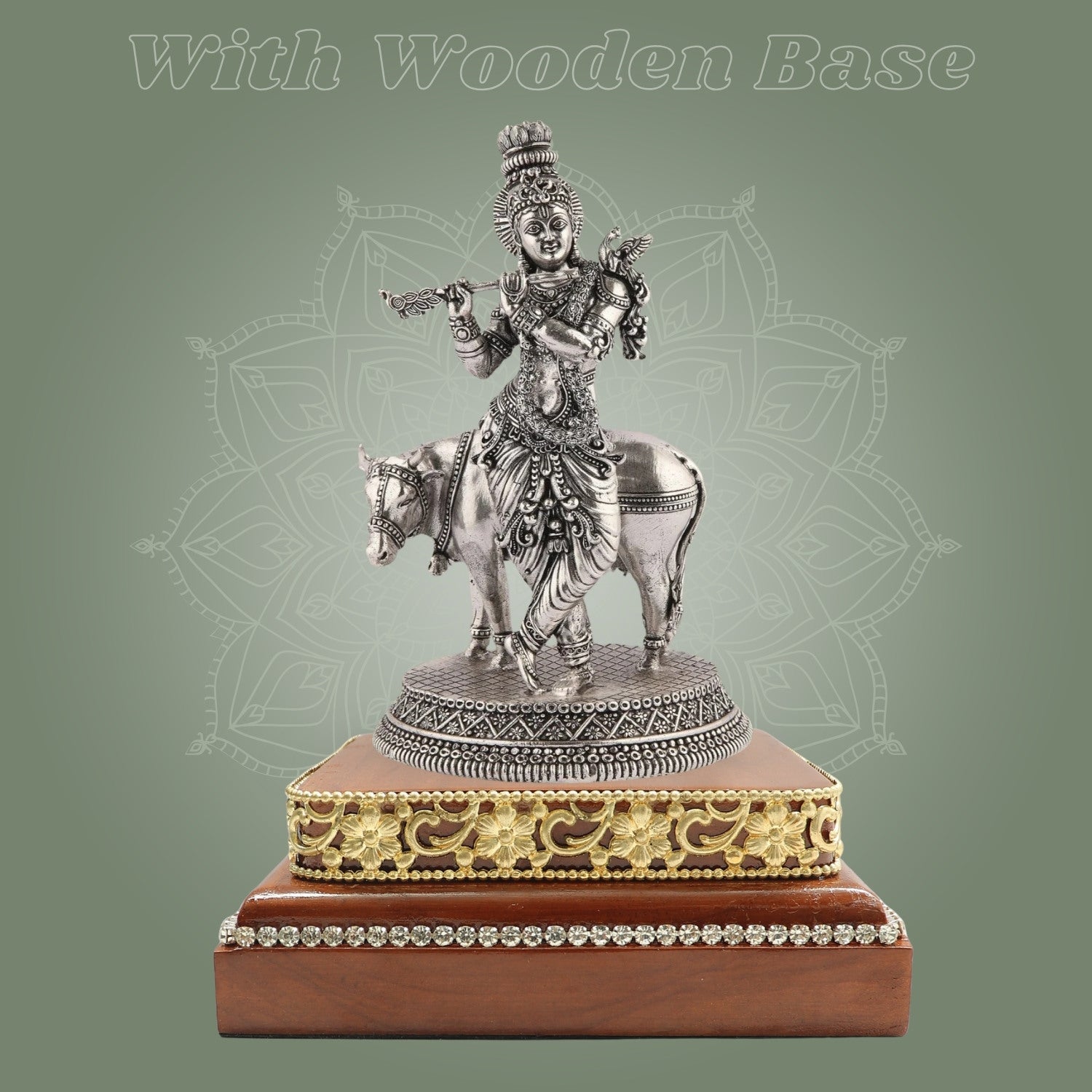 Krishna with Cow Idol 6.75" on Wooden Base Silver Finish Handcrafted