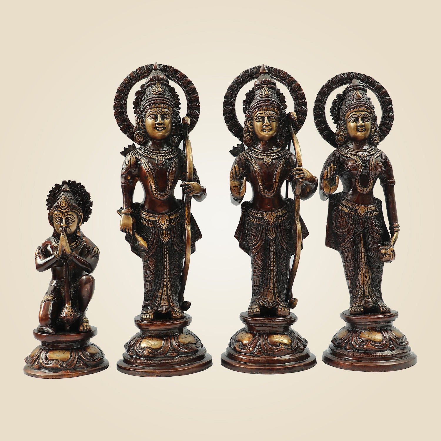 Antique Polish Brass Ram Darbar Idol Set | Rama Sita Lakshman Hanuman Murti 12.5" for Temple & Home Decor