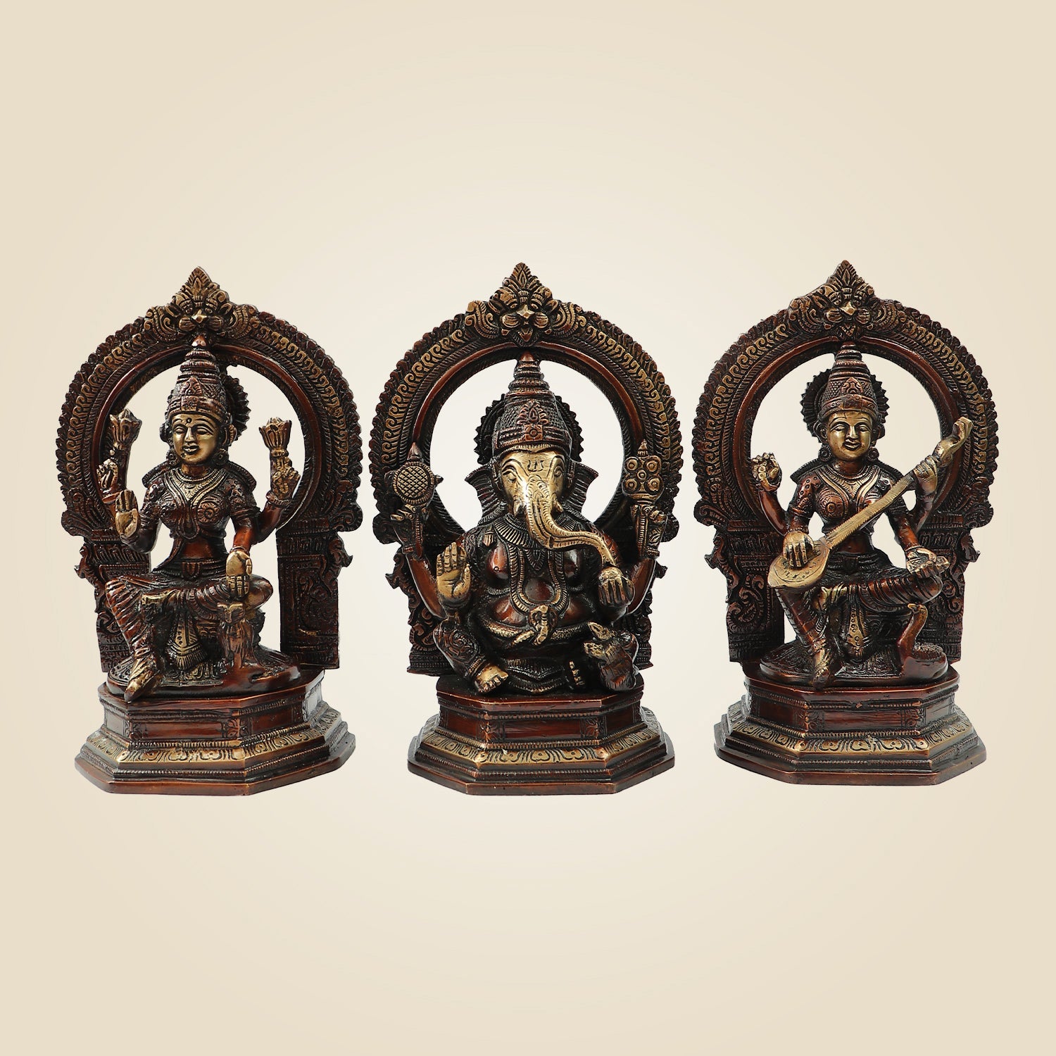 Traditional Brass Lakshmi Ganesh Saraswati Idol Set 9.5" | Decorative Hindu God Statue Trio for Home & Pooja