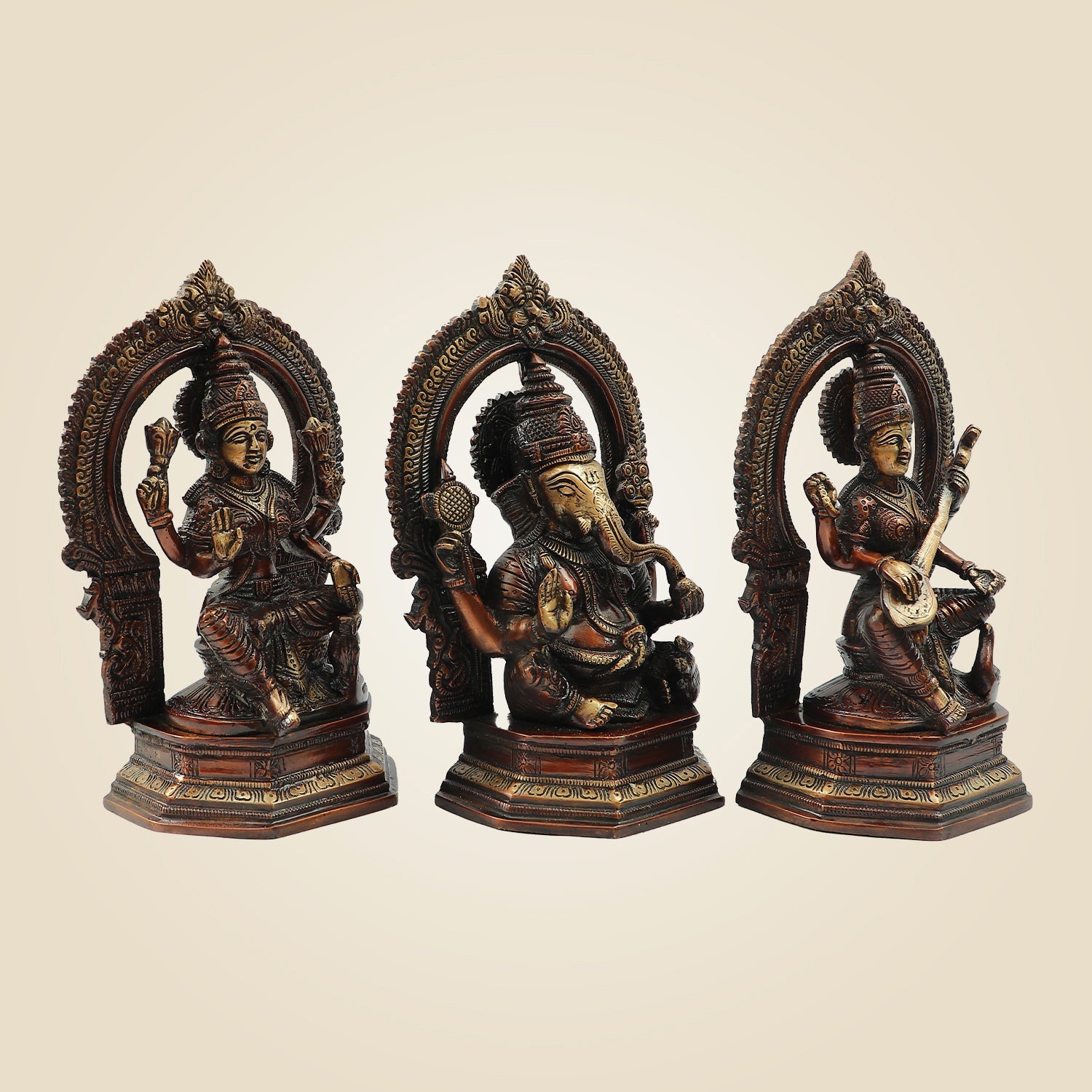 Traditional Brass Lakshmi Ganesh Saraswati Idol Set 9.5" | Decorative Hindu God Statue Trio for Home & Pooja
